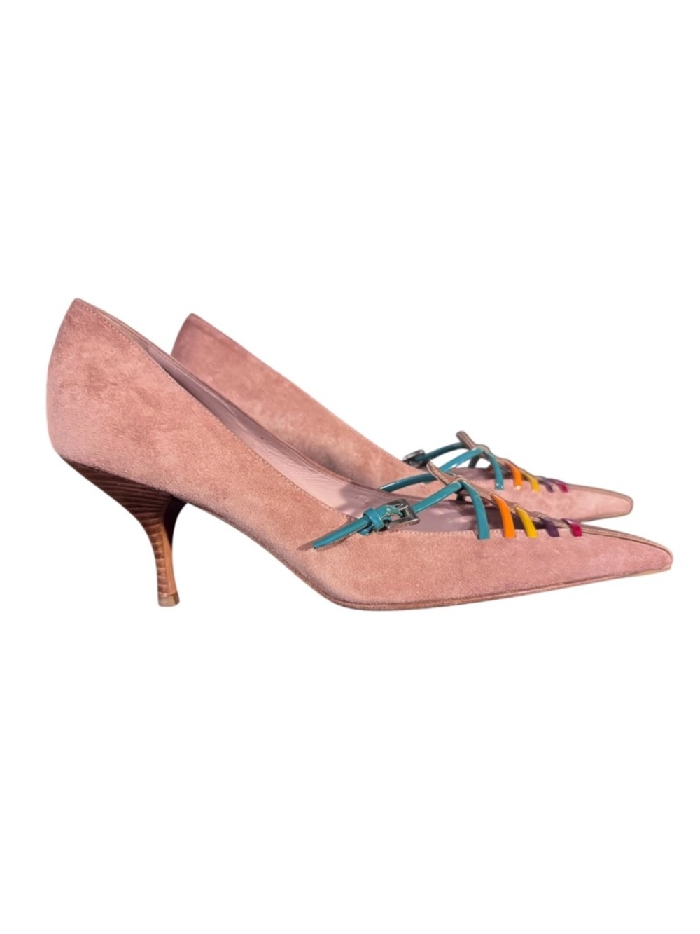 Women's Prada  Suede Pointed Toe Kitten Heel Pumps with Multicolor Straps